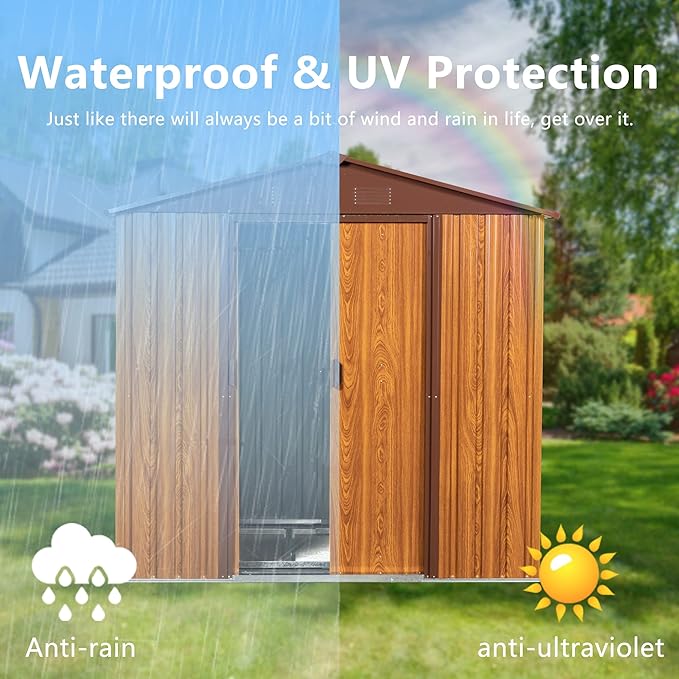 6x6 FT Outdoor Storage Shed, Metal Garden Shed with Frame Floor, Outside Tool Shed with Lockable Sliding Doors, Waterproof Storage Building with Sloped Roof for Backyard, Patio, Lawn, Coffee