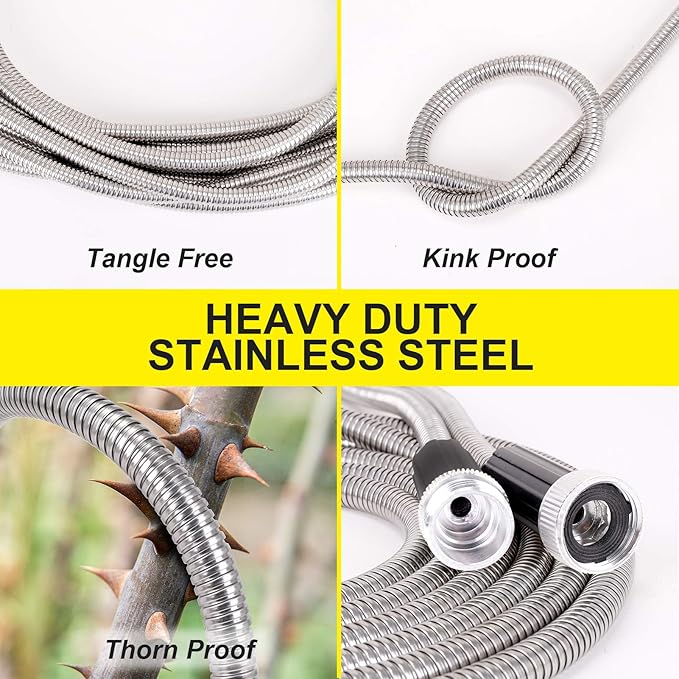 FOXEASE Metal water Hose 25 ft - Stainless Steel Water Hose with 2 Nozzles, Lightweight, Tangle Free & Kink Free, Heavy Duty, High Pressure, Flexible, Dog Proof
