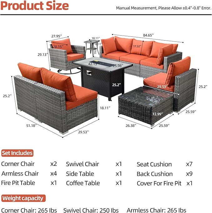 HOOOWOOO 10 Piece Patio Sectional Furniture Set with Fire Pit Table,Modern Wicker Outdoor Conversation Sofa Sets,Weather Resistant Modular L Shaped Outside Couch Swivel Chair Set(Orange Red)
