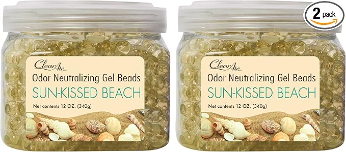 Clear Air Odor Eliminator Gel Beads - 12 oz, Pack of 2 - Air Freshener Made with Essential Oils - Eliminates Odors in Bathrooms, Cars, Boats, RVs & Pet Areas - Sun-Kissed Beach Scent