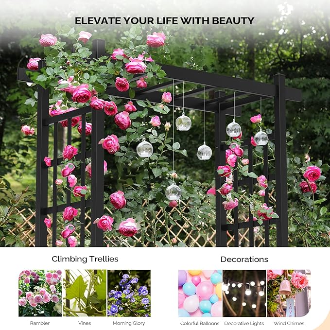 VINGLI Garden Arbor with Gate, PVC Wedding Arch for Ceremony Party, Garden Trellis for Climbing Plants Outdoor, Arch Backdrop Stand for Garden, Backyard, Lawn, Wedding (Black)