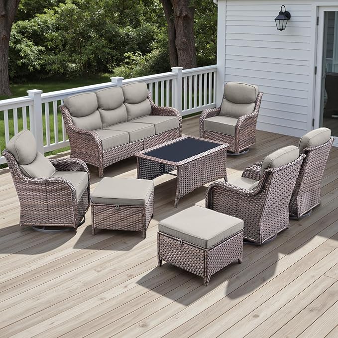Wicker Outdoor Patio Furniture Set - 8 Piece Patio Conversation Sets with Swivel Rocker Chairs, Ottomans, Sofa and Coffee Table, 6 inch Cushions, Deep Seating, for Porch Deck Brown/Beige