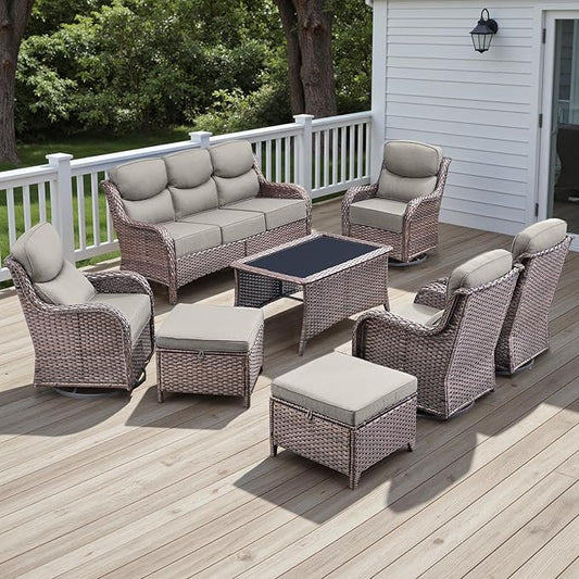Wicker Outdoor Patio Furniture Set - 8 Piece Patio Conversation Sets with Swivel Rocker Chairs, Ottomans, Sofa and Coffee Table, 6 inch Cushions, Deep Seating, for Porch Deck Brown/Beige