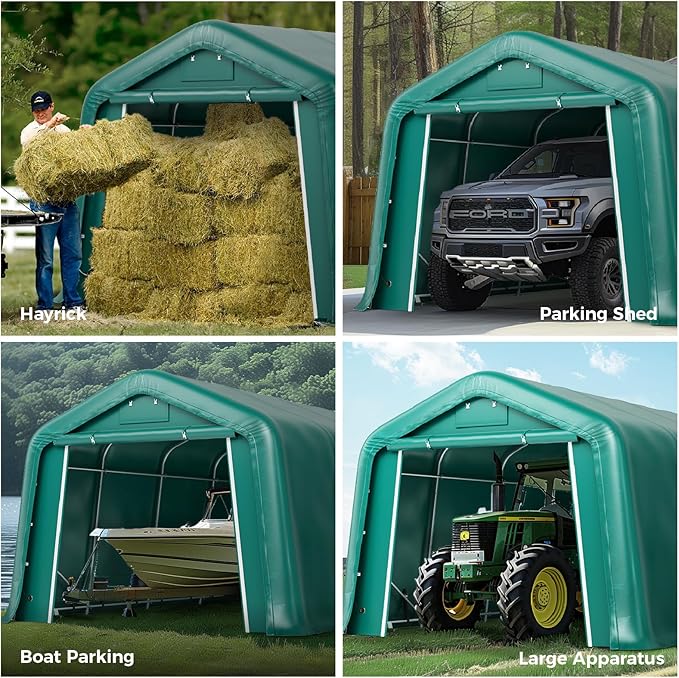 GREEN PARTY 11' x 32' Heavy Duty Carport, Portable Storage Shelter Shed Outdoor Carport with Roll-up Zipper Door & Vents, Storage Car Canopy Car Tent Garage for SUV, Truck and Boat, 200g PE Cover