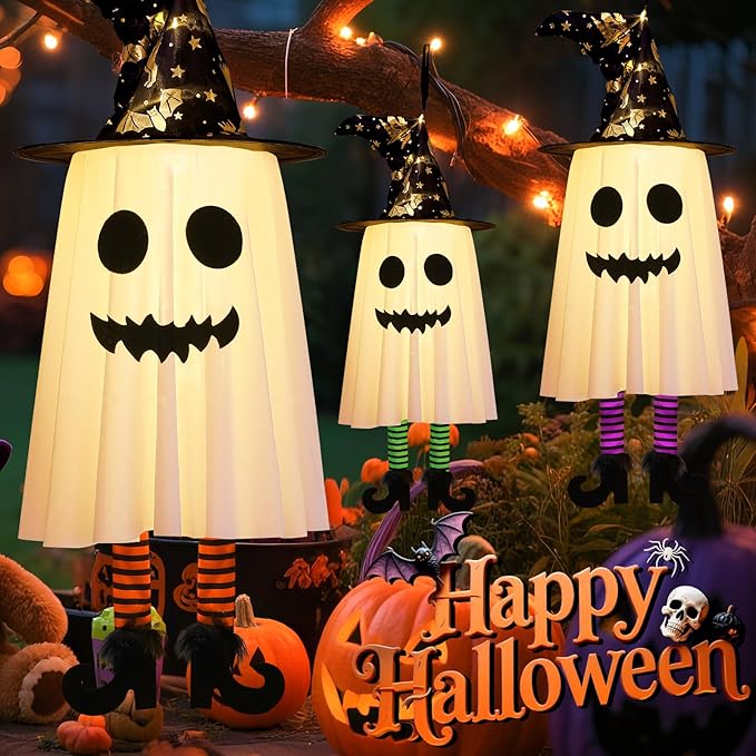 3 Packs Halloween Hanging Ghosts Decorations Outdoor Indoor, Spooky Glowing Ghost Witch Hat Striped Stockings High Heels String Lights 3 Modes Patio Yard Front Porch Tree Party(Contains 18 Batteries)