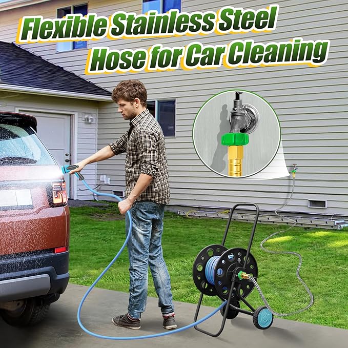 Female to Female Leader Hose for Hoses Reel, 10ft Metal Leakproof Short Garden Hose Connector, Heavy Duty 304 Stainless Steel Flexible Water Pipe for Outdoor Garden Watering Car Pet Cleaning