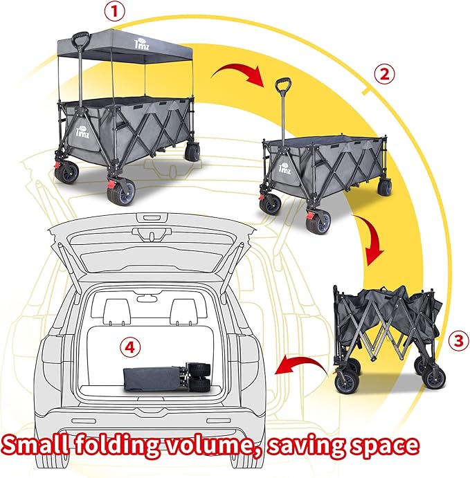 TMZ Collapsible Wagon 445L Extra Large Outdoor Utility Cart, Heavy Duty Carts Foldable with All-Terrain Big Wheels, Canopy and Brakes, Utility Beach Wagon for Outdoor Garden (Gray)