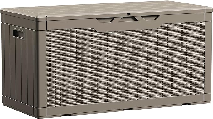 Devoko 100 Gallon Waterproof Large Resin Deck Box Indoor Outdoor Lockable Storage Container for Patio Furniture Cushions Garden Tools (100 Gallon, Light Brown)