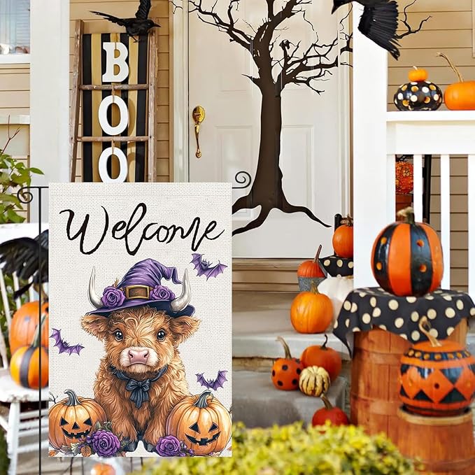 Halloween Highland Cow Garden Flags 12x18 Vertical Double Sided, Welcome Halloween Yard Flag for Outside, Holiday Seasonal Outdoor Decorations for Home
