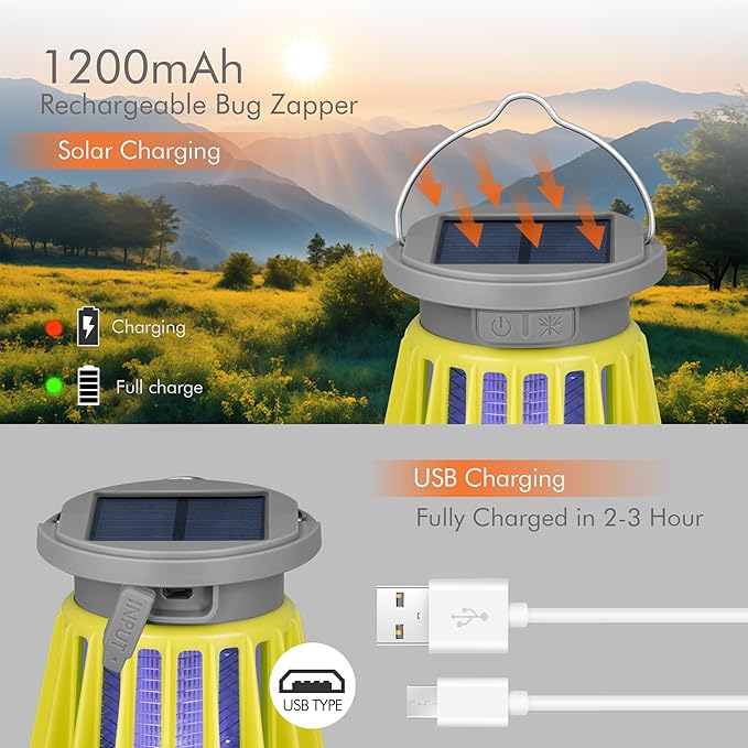 Solar Bug Zapper Outdoor Waterproof, Portable Mosquito Zapper, 2-in-1 Cordless & Rechargeable Bug Zapper with LED Light for Home, Camping, Patio, Yard, Pool (Green