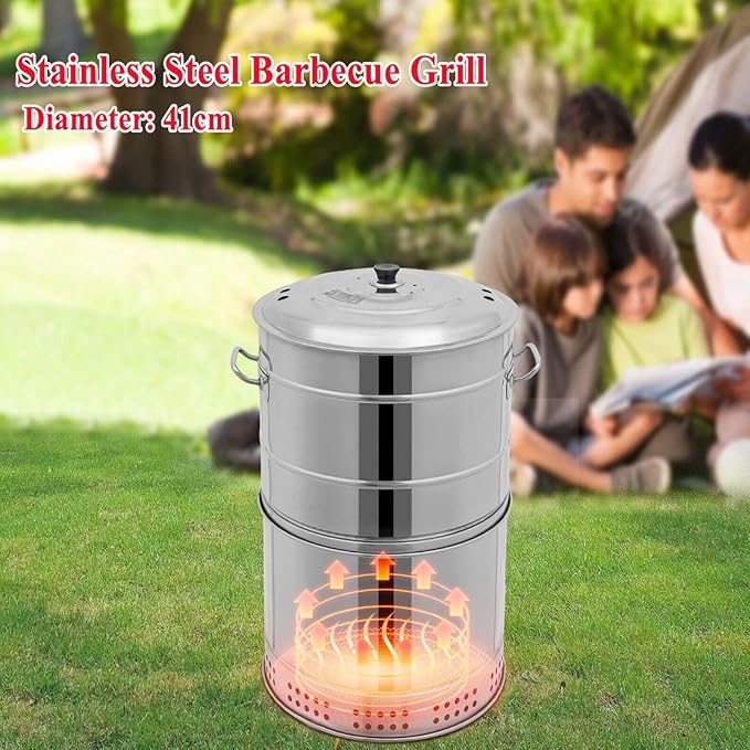 Large Portable Smokeless Charcoal Grill - 360° Stainless Steel BBQ Barrel with 50 Skewers, Ideal for Camping, Picnics & Backyard Cooking