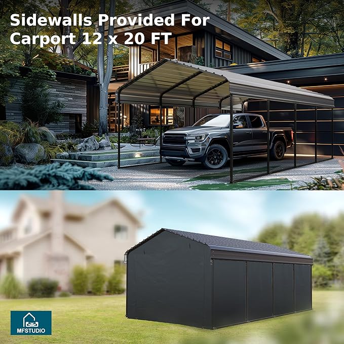MFSTUDIO Carport 12x20 ft, Outdoor Heavy Duty Carports with Sidewalls, Metal Shed Canopy Shelters Garage Shelter Shade Car Ports with Galvanized Roof for Cars, Truck and Boats