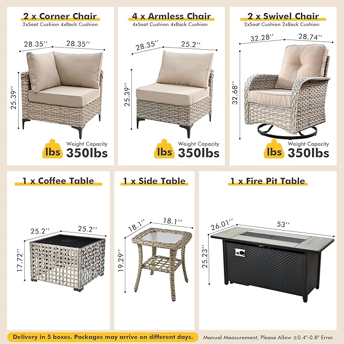 Outdoor Sectional Patio Furniture Set with Fire Pit Table and Swivel Rocking Chairs,11 Pieces Wicker Conversation Sets L Shaped Couch Out Door Sofa Outside Furniture for Garden Deck Yard,Beige