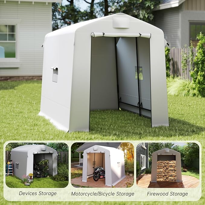 6x8 ft Outdoor Storage Shelter Shed with Roll-Up Zipper Doors & Mesh Windows, Portable Waterproof Storage Tent for Motorcycle, Bike, Firewood, Lawn Mowers, Garden Tools (Gray)