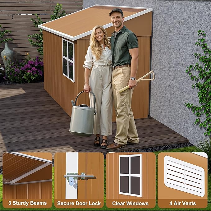 Outdoor Tool Shed 4x8 FT Heavy-Duty Metal Storage Shed with Hinged Door, Windows & Ventilation - Weather-Resistant Roof Garden Shed for Backyard, Patio, Lawn (Brown)