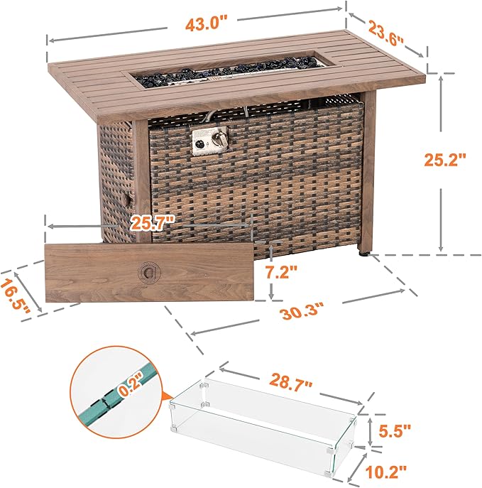Nuu Garden 43 Inch Propane Fire Pit Table CSA Listed 50000 BTU Gas Fire Pit with Lid Glass Wind Guard Fire Glass Beads 2 in 1 Rectangular Outdoor Fire Table for Backyard Patio Brown