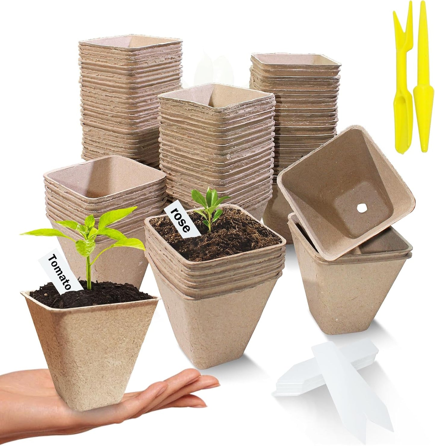 70-Pack 3.15 inch Square Peat Pots for Seedlings with Drainage Holes, Nursery Pots with 100 Labels for Plants