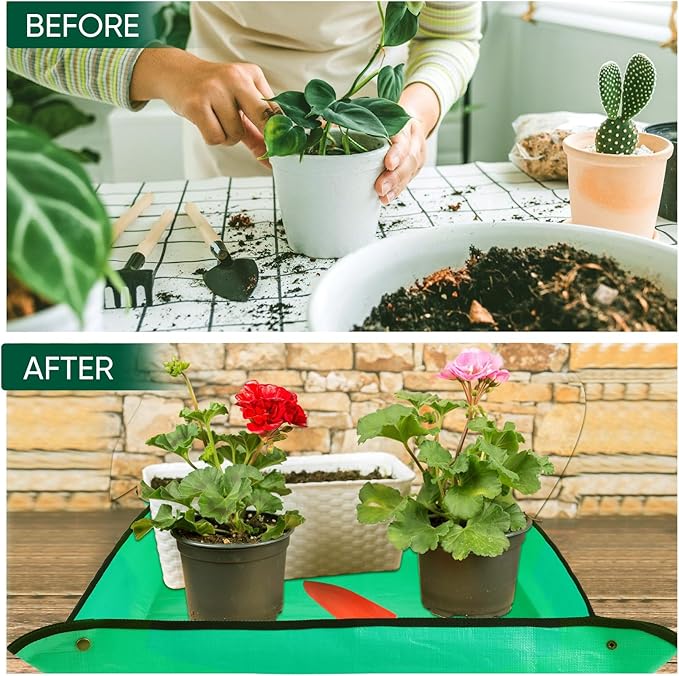 HKZ Repotting Mat for Indoor Plant - 43.5'' x 29.5'' Planting Soil Mess Control, Portable Succulent Planting Potting Tray Waterproof Gardening Bonsai Tools Transplanting Mat (Pale Green)