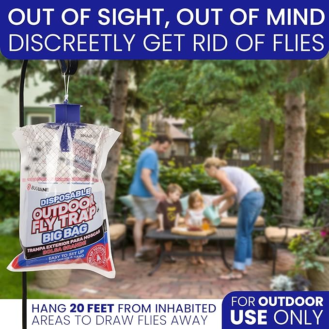 Fly Traps Outdoor Fly Trap for Patio. 4 Large Non-Toxic Pre-Baited Flies Bags Outdoor Disposable. Big Hanging Bug Catchers for All Filth Flies Killer for Outside Bug Control in Yard Horse Ranch