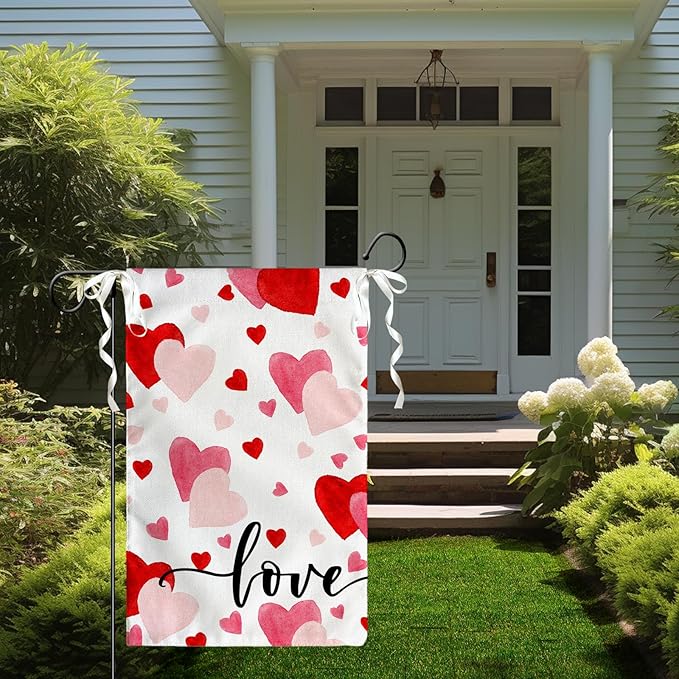 Love Heart Garden Flag Valentine Yard Flag Red And Pink Hearts Garden Flags Polyester Double Sided Anniversary Wedding Sweety House Banner for Spring Home Outdoor Decor 12x18 Inch