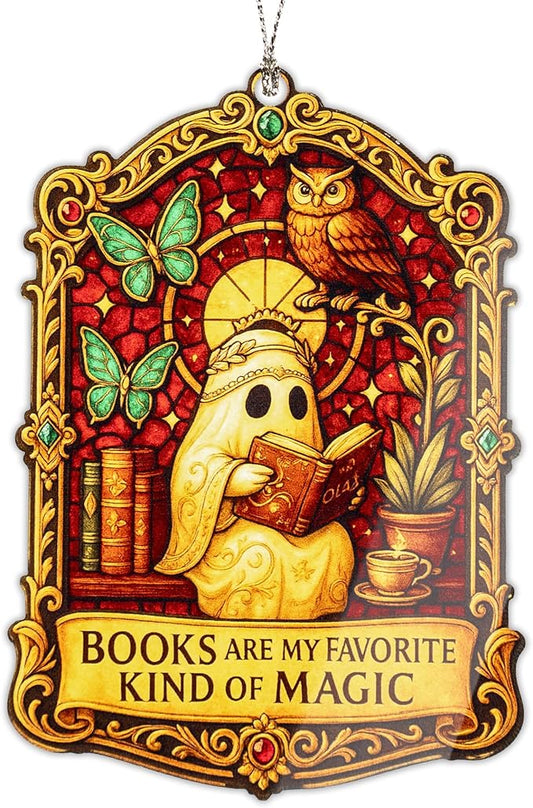 Book Lover Ghost Ornament – book lover – halloween gifts – gothic decor – christmas ornament – Suncatcher effect window hanging – Car Hanging