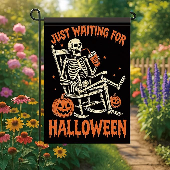 Halloween Garden Flag Skeleton Pumpkin Flag Just Waiting for Halloween 12x18 Inch Double Sided Outdoor Yard Banner for Trick or Treat Haunted House Spooky Decoration Decor