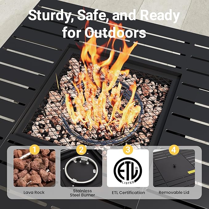 Royalcraft 2 in 1 Propane Fire Pit Table, 50000 BTU Gas Fire Pits Table with Removable Lid, Lava Rock and Cover, Square Fire Table for Dining or Party on Garden, Patio, Yard, 30", Black