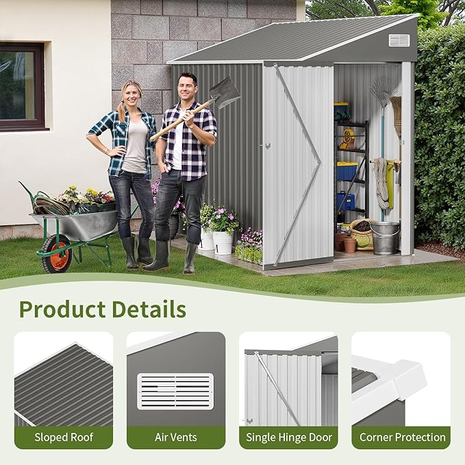4x8 Lean to Metal Shed - Grey, Heavy-Duty Outdoor Storage for Bikes, Tools, Lawn Mowers & Firewood, Rust-Resistant Wall Side Design Sheds with Lockable Door, Waterproof Coating & Sloped Roof