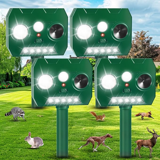 4Pack Solar Ultrasonic Animal Repellent Deer Repellent Devices with Motion Detection&LED Flashlight,Cat Repellent Outdoor Squirrel Rabbit Raccoon Skunk Deterrents Animal Repeller for Yard Garden Farm