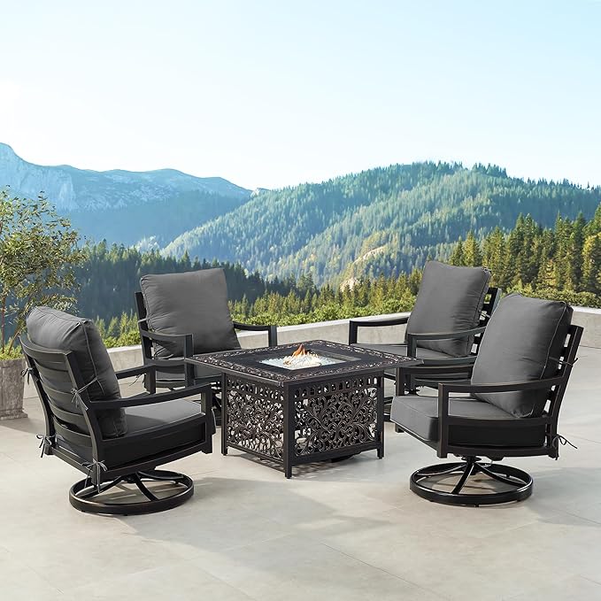 Oakland Living Black Aluminum Patio Fire Table Set with Four Club Chairs with Black Cushions