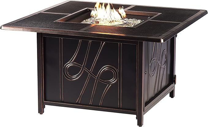 Oakland Living Black Aluminum Patio Fire Table Set with Four Deep Seating Loveseat with Cushions with Red Cushions