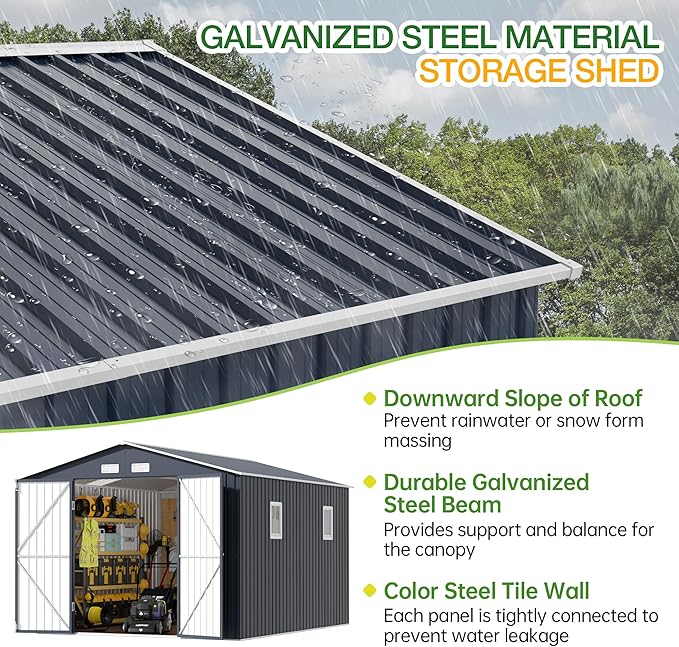 Breezz Outdoor Storage Shed 10 x 12 ft. Utility Tool Shed Metal Storage Garden Shed with Lockable Doors, Windows & Metal Frame Floor for Patio Storage, Nightblue