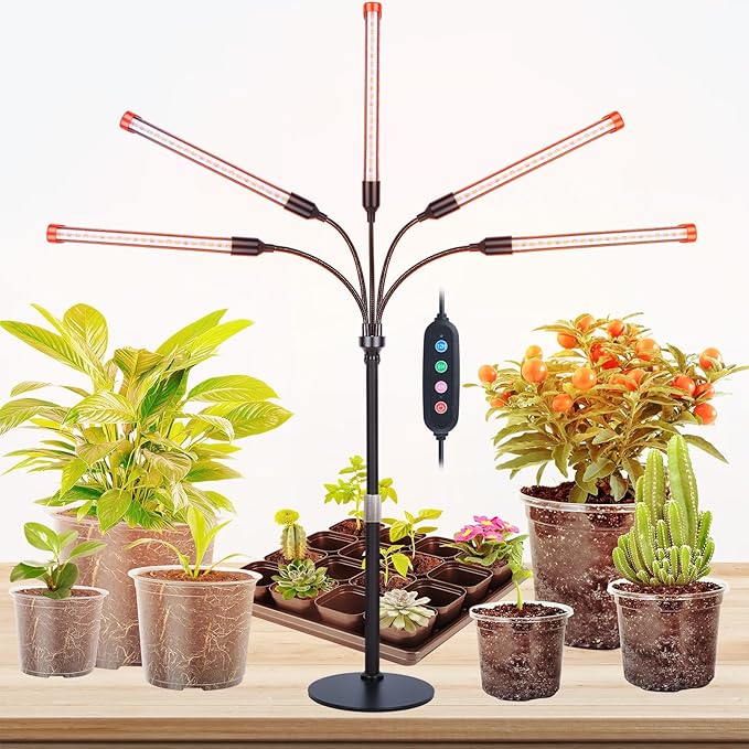 5-Head Table Top Grow Lights for Indoor Plants, Seed Starting, Bonsai with Timer, 45W Power Home Plug, FECiDA 2025 Full Spectrum Plant Growing Lamps, 16"-24" Height Adjustable
