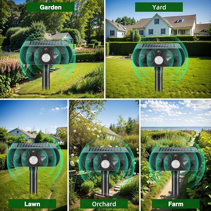 2025 Solar Ultrasonic Animal Repellent Cat Repellent Outdoor Solar Animal Repeller with Motion Detection Waterproof Deer Repellent Device to Repel Raccoon Rabbit Squirrel Skunk Fox(4Pack)