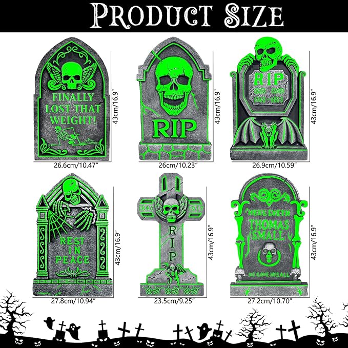 17” Outdoor Halloween Decorations Tombstones Yard Sign, 6 Pack Glow in The Dark Graveyard Decor, Light Up Halloween Tombstones for Yard, Cemetery, Party, Gift, Waterproof and Durable