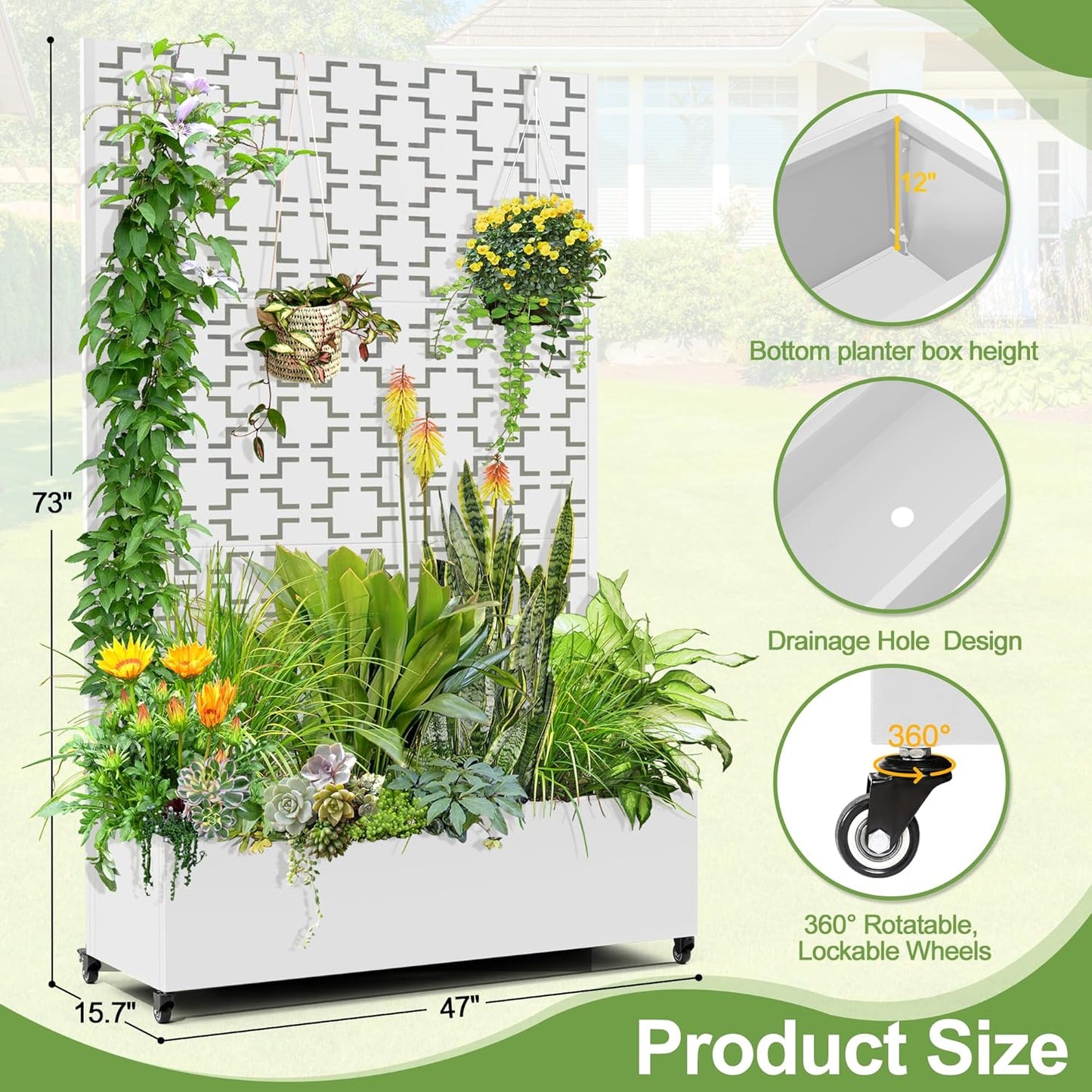 Raised Garden Bed with Trellis and Wheels,73"x47"x16" Metal Raised Garden Bed,White Squared Metal Planter with Climbing Trellis for Vines & Vegetables