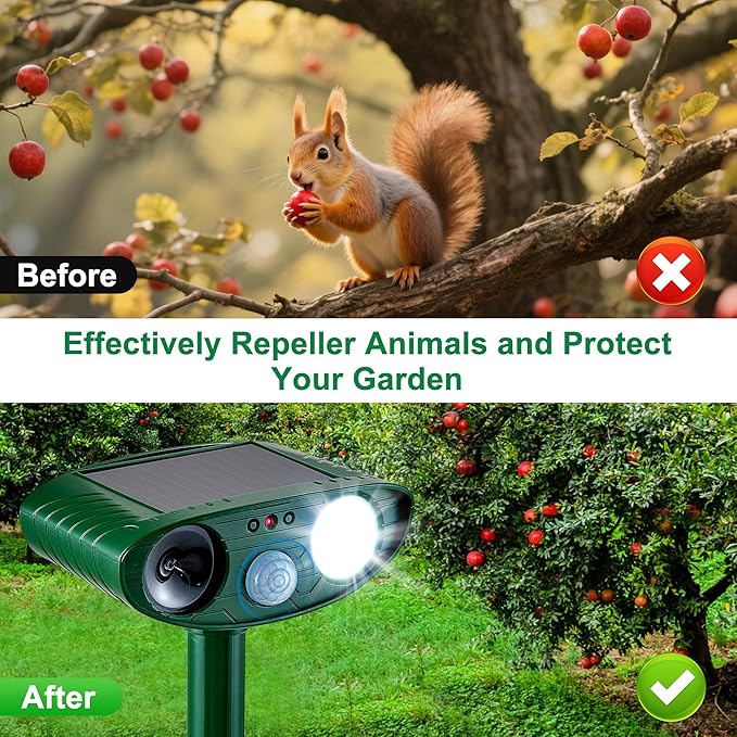 2 Pack Outdoor Solar Animal Repeller - Ultrasonic & Strobe Light, Deterrent for Cats, Dogs, Raccoons, Rabbits, Skunks, Foxes & More