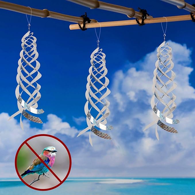 Hausse Bird Repellent Spiral Reflectors Silver Mylar Spinner, Hanging Reflective Bird Deterrent Device, Garden Decorative Scare Birds Away, Like Woodpeckers, Pigeons and Geese, 3 Pack