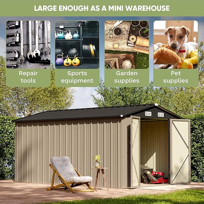 Patiolife 8 x 12 FT Metal Storage Shed for Outdoor, Steel Shed with Design of Lockable Doors, Utility and Tool Storage for Garden, Backyard, Patio, Outside Use, Brown