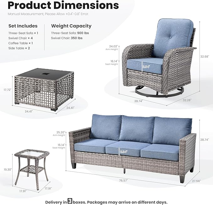 ovios 8 Pieces Patio Furniture Set, Outdoor Wicker Sofa Couch with Rocking Swivel Chairs Solar Lights Table, Modern Deep Seat Rattan Conversation Sets for Porch Deck, Denim Blue