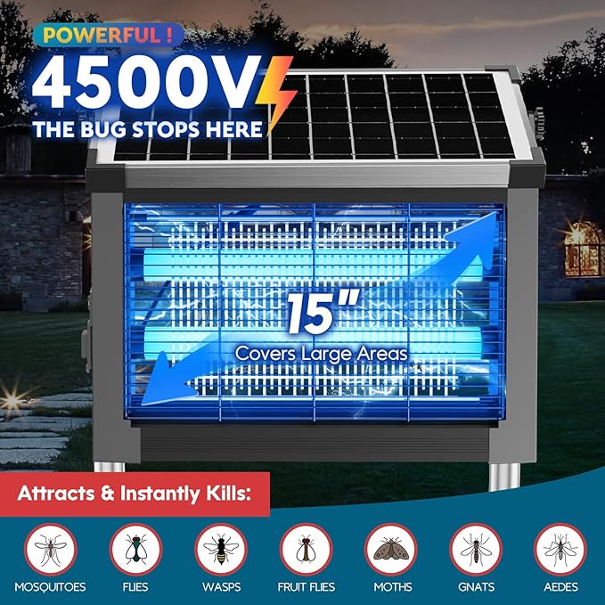 Solar Bug Zapper Outdoor, PhatroyYee Mosquito Zapper 4500V, Waterproof Portable Fly Zapper, Rechargeable Electric Mosquito Killer, Cordless Fly Insect Mosquitos Trap for Patio Yard Home Camping(Grey)