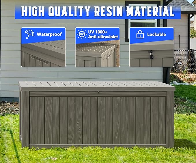 NUNU LAB 150 Gallon Outdoor Storage Box,Resin Large Sturdy Deck Box, Backyard Outside Storage Box Waterproof with Double Wall Panels,Package Delivery Garden Outdoor Hose