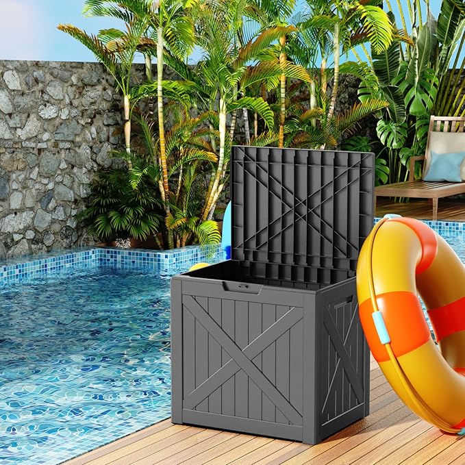 32 Gallon Outdoor Deck Box,Storage Lockable Waterproof Patio Furniture,Garden Tools,Cushions,Pool Accessories Outside Storage Resin Box(Black)