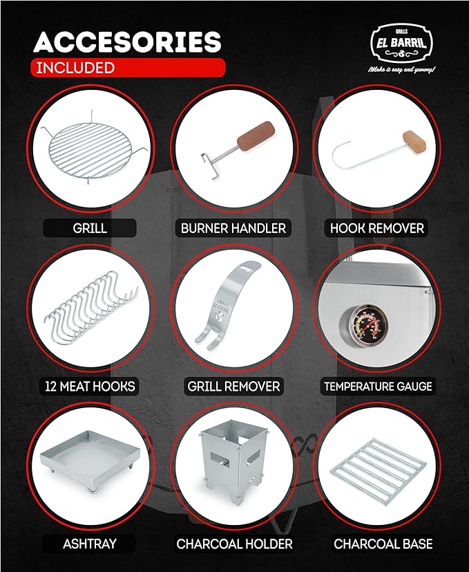 EL BARRIL 15lbs Stainless Steel Foldable Charcoal Smoker & Grill Barrel – Portable Outdoor Smokers with Grilling Accessories