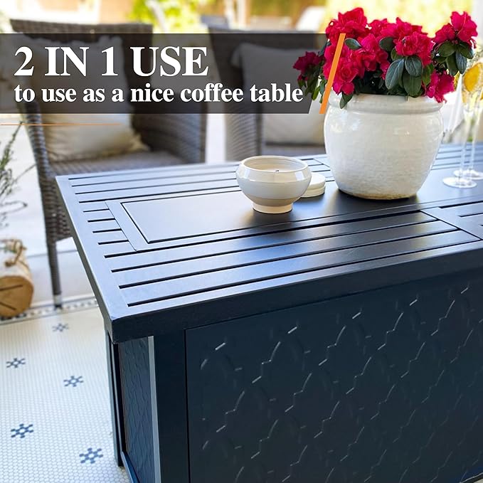 Patio Furniture Set with Firepit Table, 4 Pcs Metal Outdoor Conversation Set, 2 Single Chairs and 3 Seater Sofa with 5.75" Extra Thick Cushion and Gas Fire Pit Table for Backyard Deck, Beige