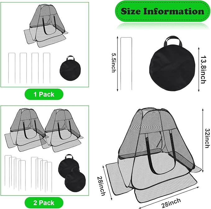 RGQSUN 2 Pack 28 x 28 x 32 Inch Pop-up Gardening Net Cover,Pest Guard Cover with Zip Entry and 8 Stakes,Fine Mesh Plant Tents for Vegetables Fruits Flowers