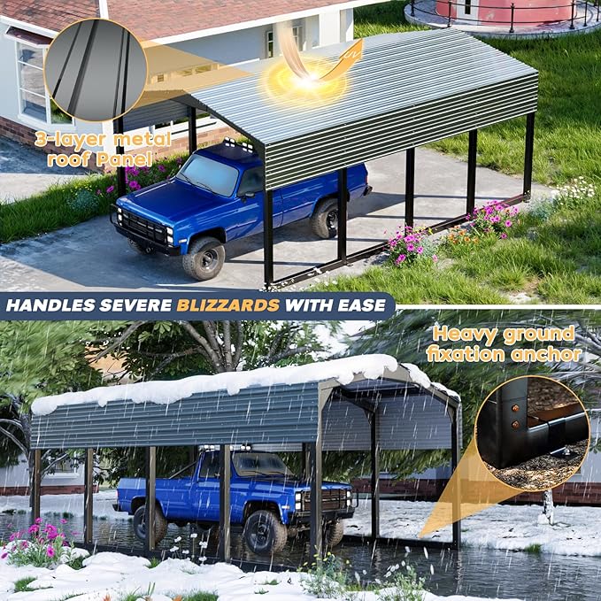 Metal Carport 12x20 FT, Heavily Reinforced Car Garage with Extra Crossbeams Kits, Auto Shelters with Steel Roof and Enhanced Base, Snow Resistance Vehicle Shed, Carports for Tractors,Boat,Truck