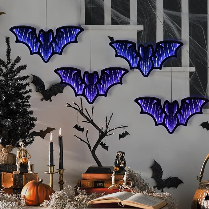 Halloween Décor 4 Bats Infinity Lights with USB Powered, 10.42FT 3D Infinity Mirror String Lights, Halloween Indoor Decorations for Window Wall Outdoor Party Room