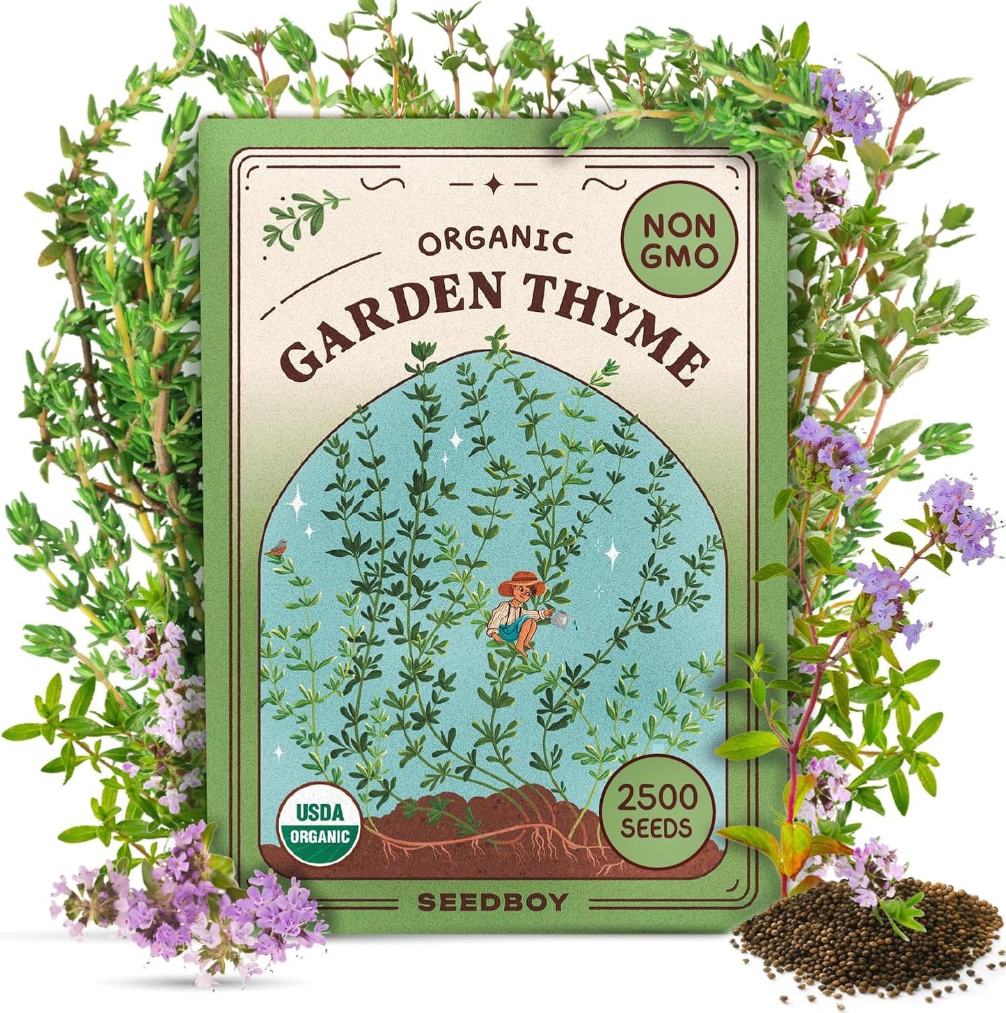 Seedboy Organic Thyme Seeds for Planting Indoor and Outdoor, Non-GMO and USDA Certified Herb Seed Packet for Hydroponic Garden Indoor or Planting Outdoors (Thyme)