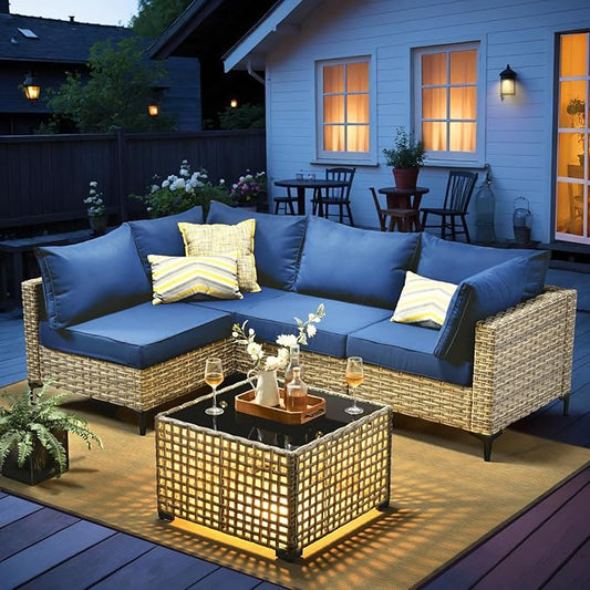 Outdoor Sectional Patio Furniture Set with Glowing Table,5 Pieces Wicker Conversation Sets L Shaped Couch Out Door Sofa Set Outside Furniture for Garden Deck Yard Porch,Navy Blue